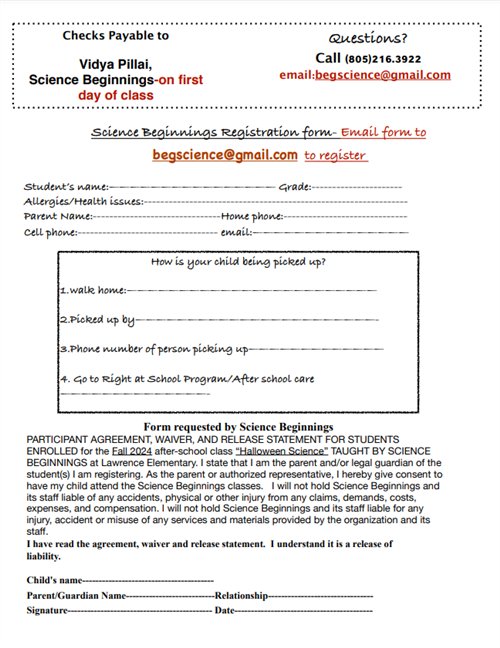 Registration form for Science